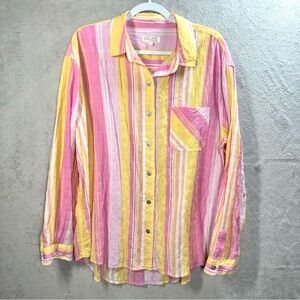 Escape by Habitat Clothes Button Down Women Large Pink Yellow Striped Seersucker